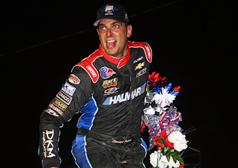 Stewart Friesen celebrates victory at Fonda Speedway. (Dave Dalesandro photo)