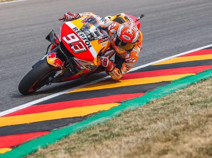Marc Marquez en route to the pole on Saturday at the Sachsenring. (Honda Photo)