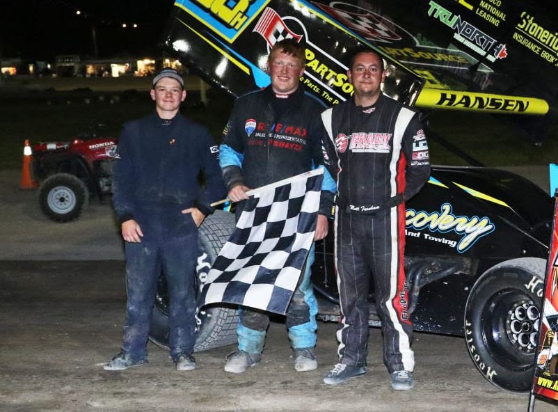 Josh Hansen, Liam Martin and Matt Farnham share the podium at Merrittville Speedway.