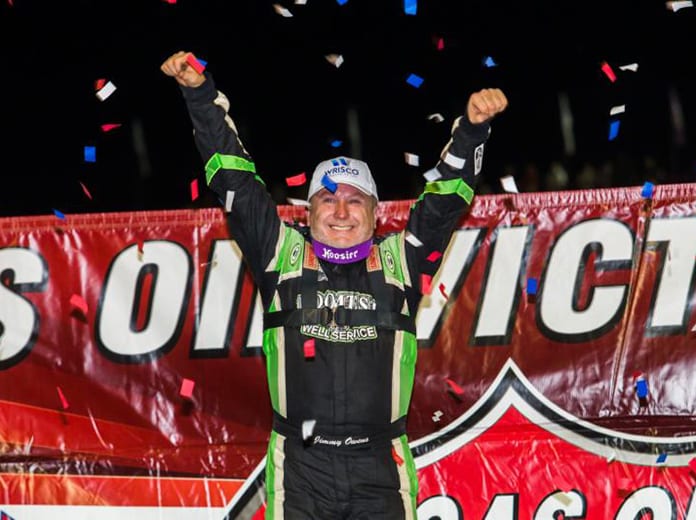 Jimmy Owens celebrates after winning the opening night of the Diamond Nationals at Lucas Oil Speedway. (Heath Lawson Photo)
