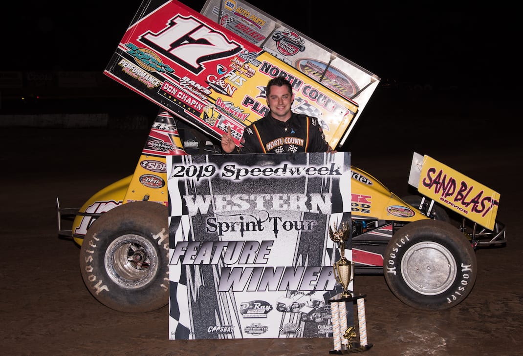Justin Sanders in victory lane at Cottage Grove Speedway. (Devin Mayo photo)
