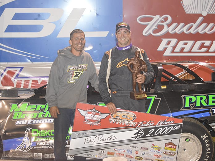 First-time Deery Brothers Summer Series winner Eric Pollard led all 40 laps of the IMCA Late Model tour main event at Fayette County Speedway Wednesday night. (Zakary Kriener Photo)