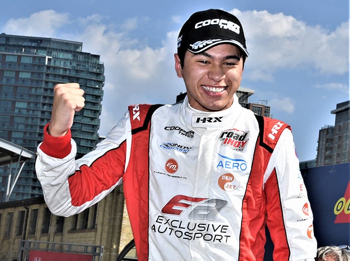 Danial Frost celebrates after winning Saturday's Indy Pro 2000 event in Toronto. (Al Steinberg Photo)