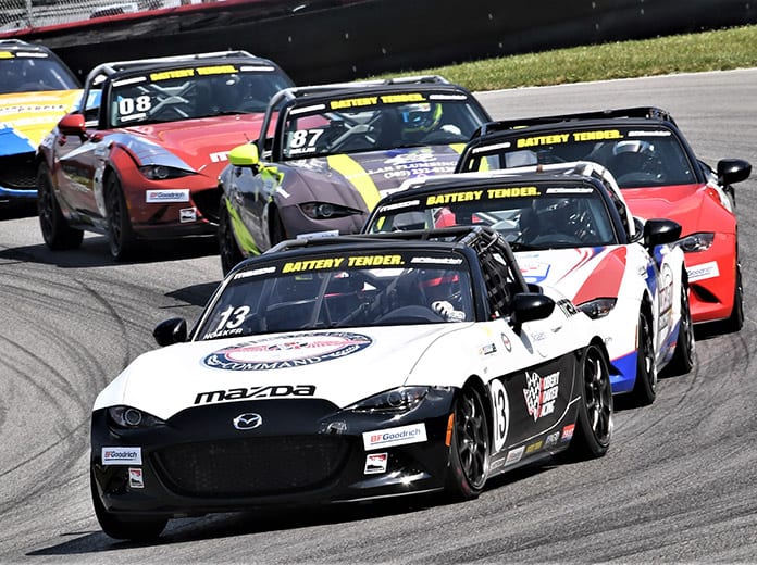 Robert Noaker leads the Battery Tender Global Mazda MX-5 Cup field Saturday at the Mid-Ohio Sports Car Course. (Al Steinberg Photo)