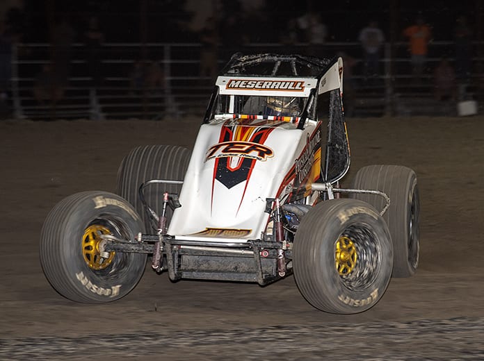 Thomas Meseraull on his way to victory Friday at Gas City I-69 Speedway. (Mike Campbell Photo)