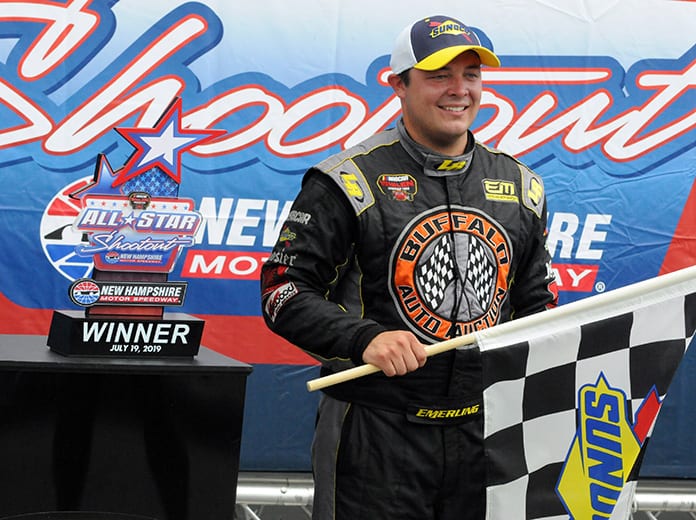 Patrick Emerling came out on top of a three-wide dash to the finish to win the All-Star Shootout Friday at New Hampshire Motor Speedway. (Dave Moulthrop Photo)