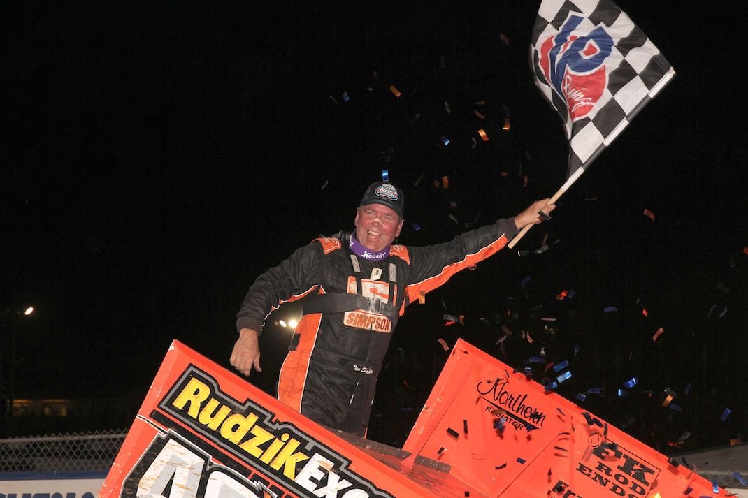 Tim Shaffer in victory lane Friday night at Williams Grove Speedway. (Dan Demarco photo)