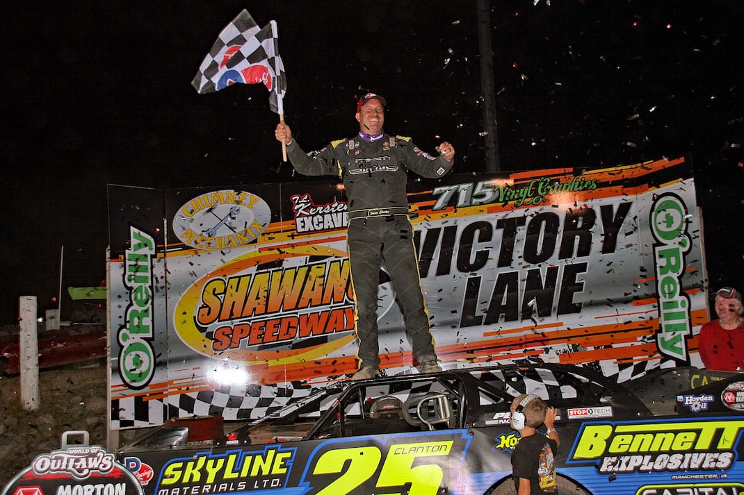 Shane Clanton in victory lane at Shawano Speedway. (Jim DenHamer photo)