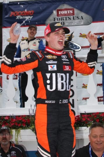 Christian Eckes celebrates after winning Friday's ARCA Menards Series race at Pocono Raceway. (ARCA Photo)