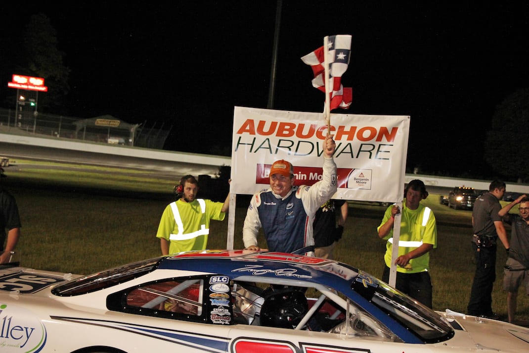 Trampas Demers celebrates his 11th career Maplewood/Irving Oil Late Model victory at the Aubuchon Hardware Holiday Spectacular on Thursday, July 4. (Alan Ward photo)
