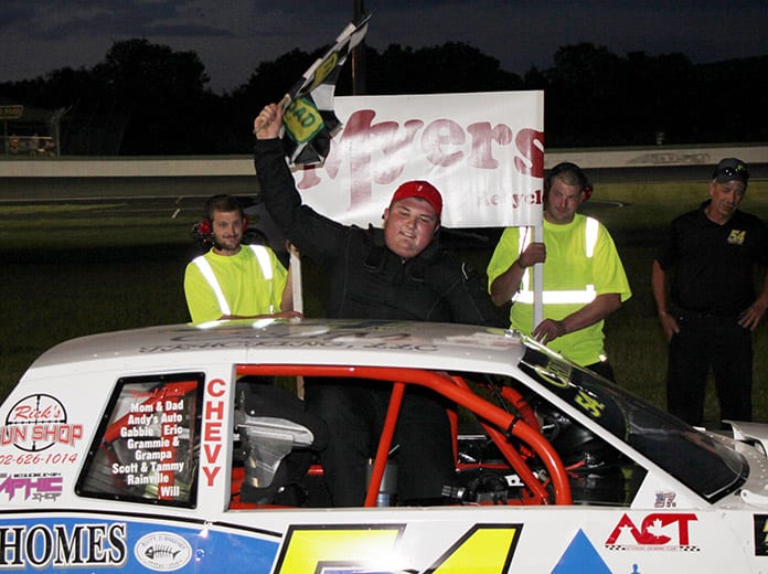Colin Cornell celebrates his second straight Lenny's Shoe & Apparel Flying Tiger win in the second round of the Myers Container Service Triple Crown Series. (Alan Ward photo)