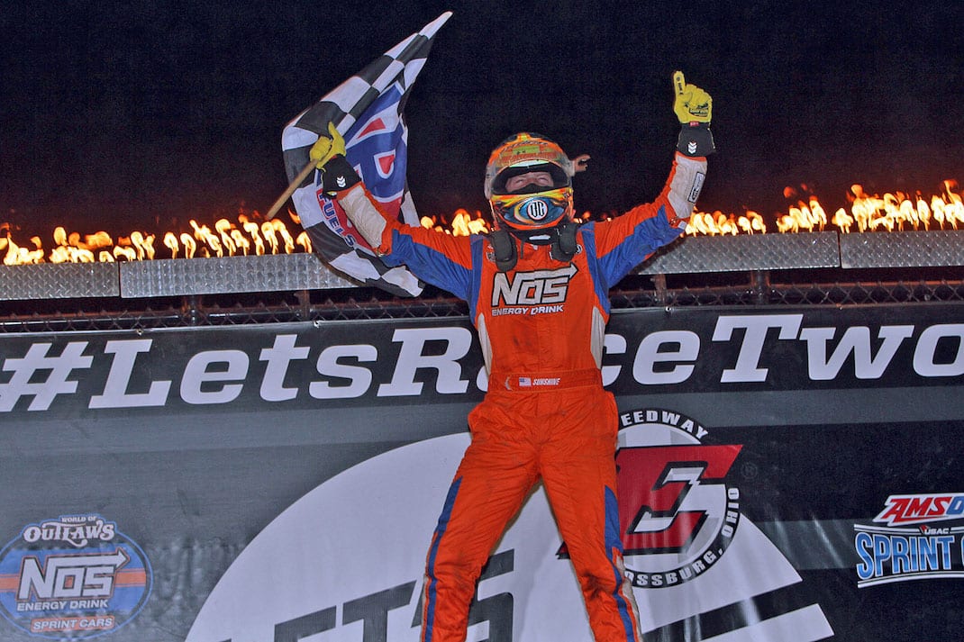Tyler Courtney celebrates his third straight USAC victory at Eldora Speedway. (Jim DenHamer photo)