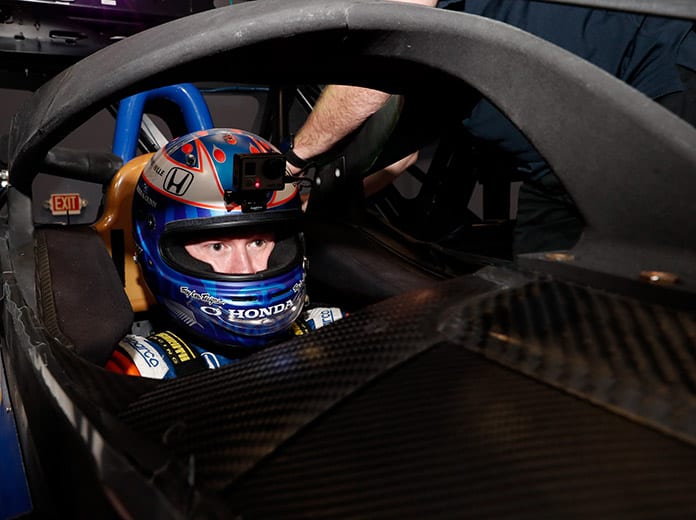 Scott Dixon tested a prototype version of the Aeroscreen in a simulator on Tuesday. (IndyCar Photo)