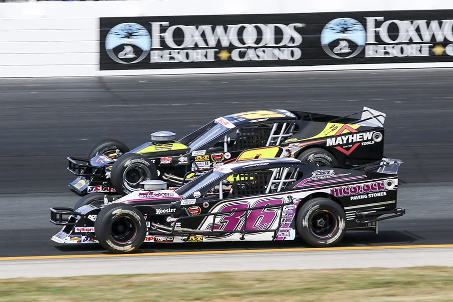 Bobby Santos III (36) battles to the inside of Doug Coby during Saturday's NASCAR Whelen Modified Tour feature at New Hampshire Motor Speedway. (Dick Ayers Photo)