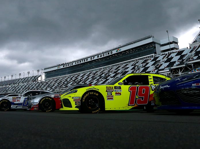 Rain clouds linger over Daytona Int'l Speedway on Friday. Poor weather conditions have forced the postponement of Saturday's Coke Zero Sugar 400. (NASCAR Photo)