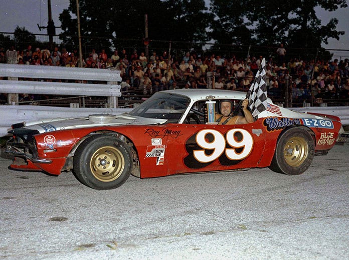 Chicago area late model stock car champion Ray Young after a trophy dash win at Illiana Motor Speedway in Schererville, Ind., in 1975. (Stan Kalwasinski photo)