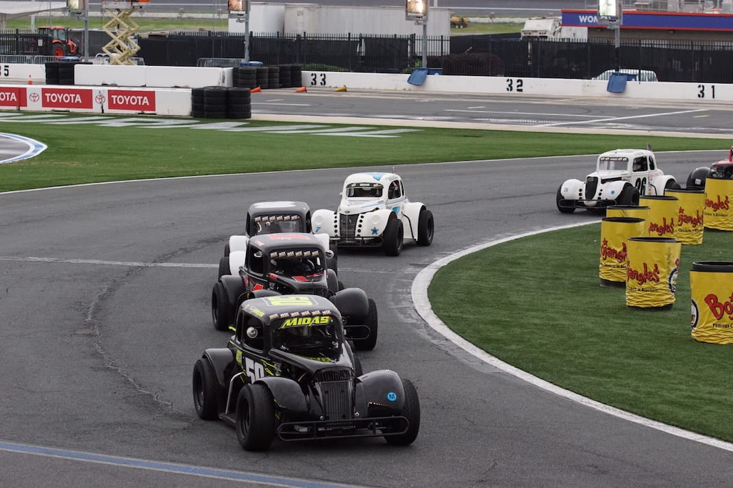 Carson Ferguson leads the Legend Car Pro feature at Charlotte Motor Speedway. (CMS photo)