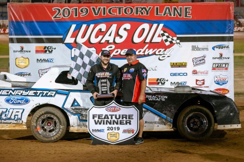 Kyle Slader led all the way to earn the O'Reilly Auto Parts Street Stocks feature victory Saturday night at Lucas Oil Speedway. (Kenny Shaw Photo)