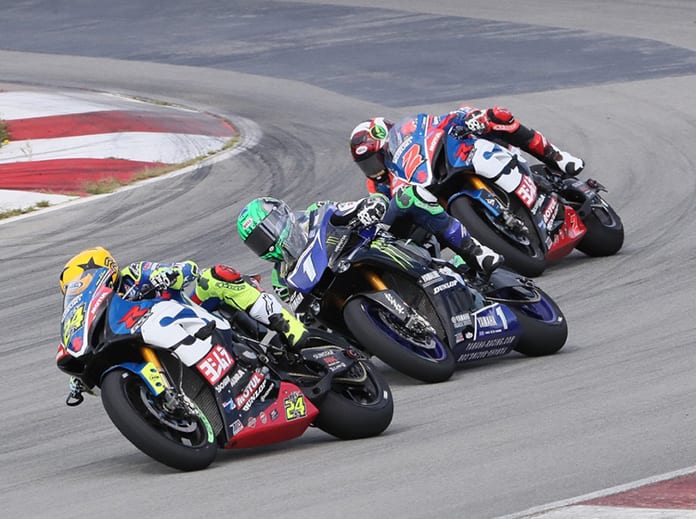 Toni Elias (24), Cameron Beaubier (1) and Josh Herrin battle for position during Sunday's MotoAmerica Superbike event at Pittsburgh Int'l Race Complex. (Brian J. Nelson Photo)
