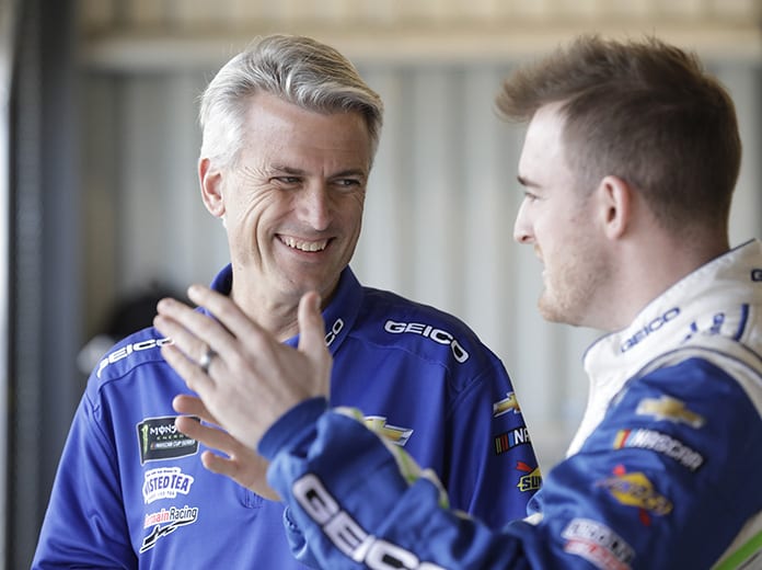Germain Racing Crew Chief Matt Borland (left) talks with driver Ty Dillon earlier this year. (HHP/Garry Eller Photo)