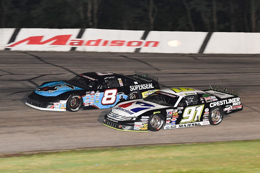 Ty Majeski (91) battles Matt Kenseth during Friday's ARCA Midwest Tour Howie Lettow Classic 100 Friday at Madison Int'l Speedway. (Doug Hornickel Photo)