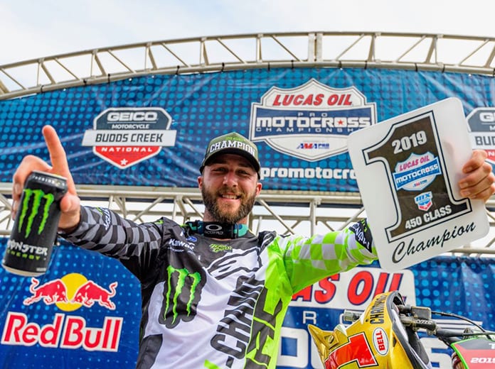 Eli Tomac clinched his third-straight Lucas Oil Pro Motocross 450 class title on Saturday. (Kawasaki Photo)