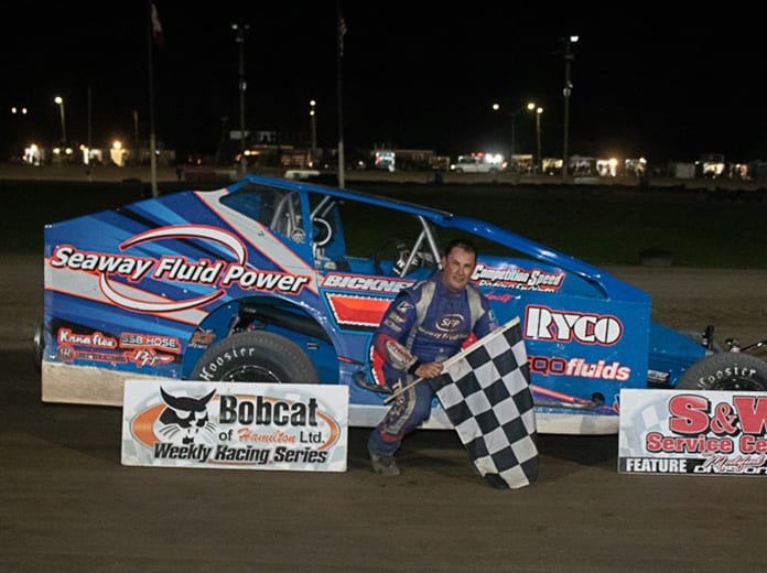 Mike Bowman in victory lane Saturday at Merrittville Speedway. (Nitroman Media Photo)