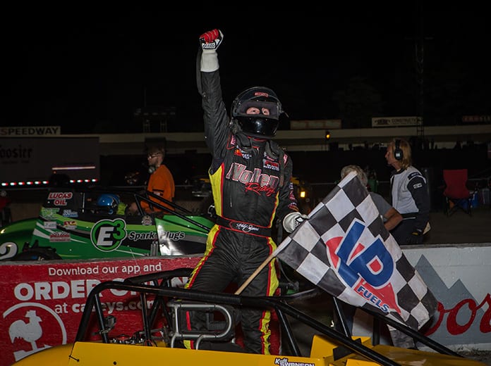 Kody Swanson celebrates his victory in Saturday's USAC Silver Crown Champ Car Series event at Salem Speedway. (Dallas Breeze Photo)