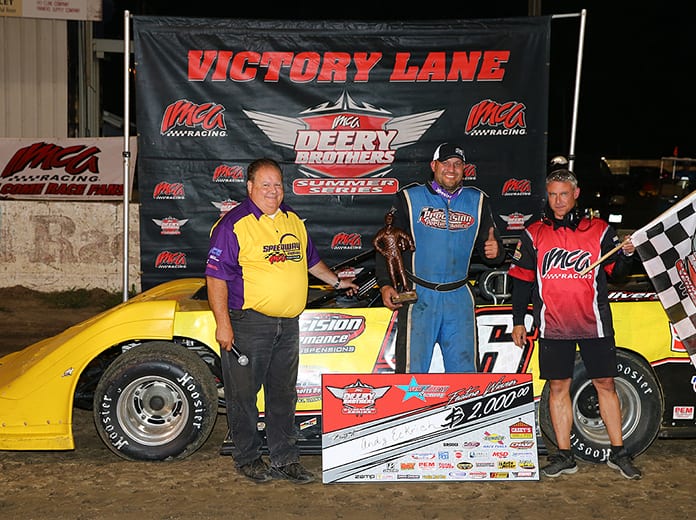 Andy Eckrich in victory lane after winning Sunday's Deery Brothers Summer Series feature at West Liberty Raceway. (Mike Ruefer Photo)