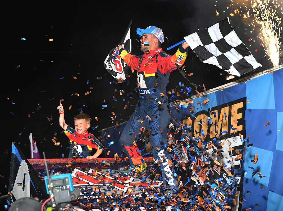 David Gravel celebrates after winning the 59th Knoxville Nationals. (Mike Campbell Photo)