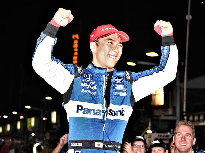 Takuma Sato celebrates after winning Saturday's Bommarito Automotive Group 500. (Al Steinberg Photo)