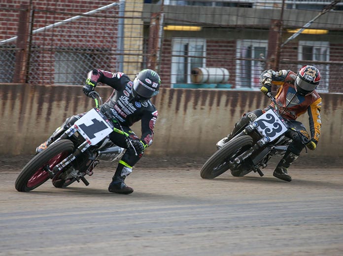 Jared Mees (1) races ahead of Jeffrey Carver Jr. on Saturday at the Springfield Mile. (Scott Hunter/AFT Photo)