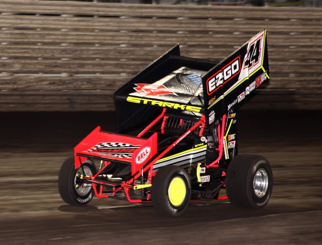 Trey Starks en route to victory Wednesday night at Knoxville Raceway. (Richard Bales photo)