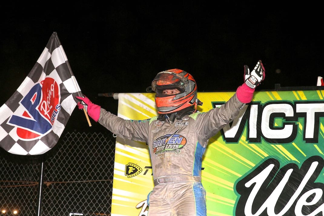 Zeb Wise in victory lane at Action Track USA. (Dan Demarco photo)