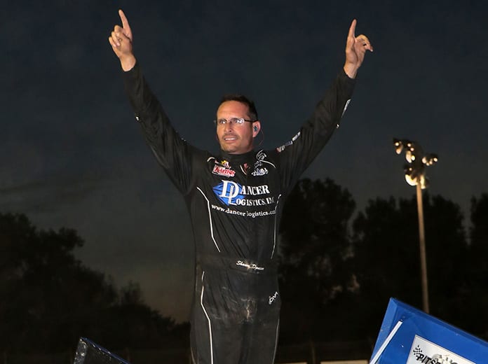 Shawn Dancer celebrates in victory lane Friday at Limaland Motorsports Park. (Brent Pierce Photo)