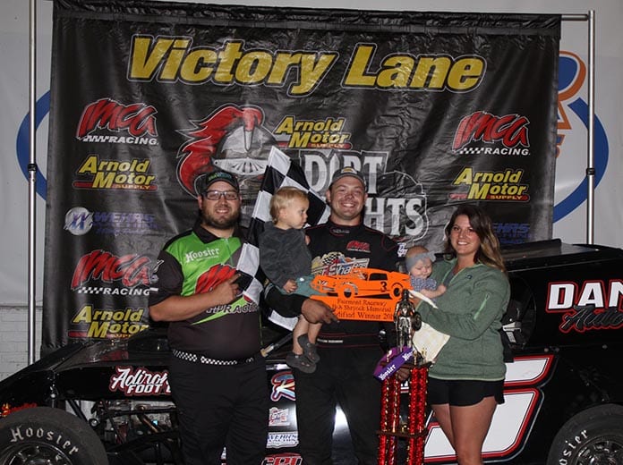 Brandon Beckendorf won the first Arnold Motor Supply Dirt Knights Tour feature held in Minne­sota, leading all 25 laps of the Wednesday night IMCA Modified main event at Fairmont Raceway. (Bill Keech Photo)