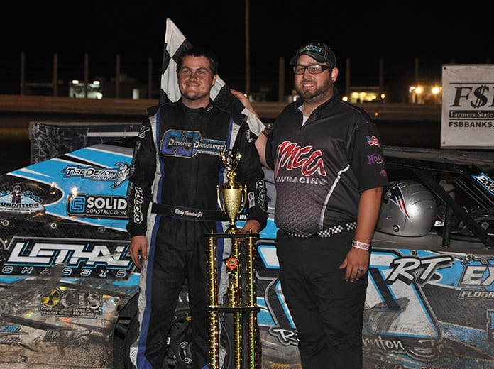 Ricky Thornton Jr. took home another tall trophy from Hancock County Speedway, after winning the Aug. 8 Night of 1,000 Stars IMCA Modified feature. (Emily Campbell Photo)
