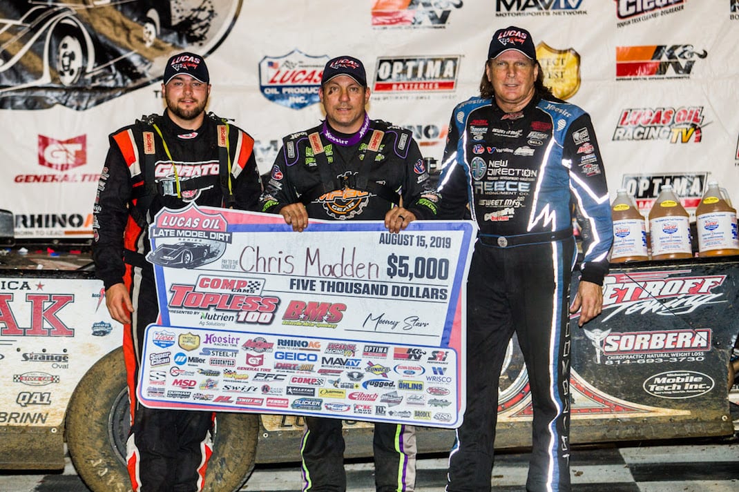Chris Madden (center) is joined on the podium by Brandon Overton and Scott Bloomquist. (LOLMDS photo)