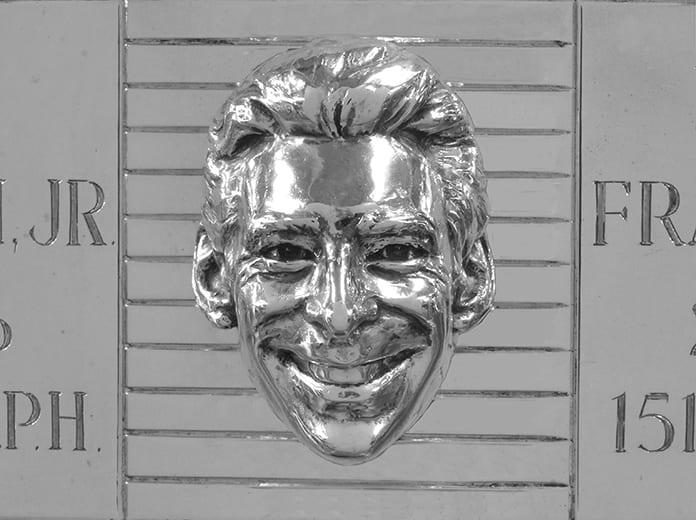 Simon Pagenaud's face as it appears on the Borg-Warner trophy. (IMS Photo)