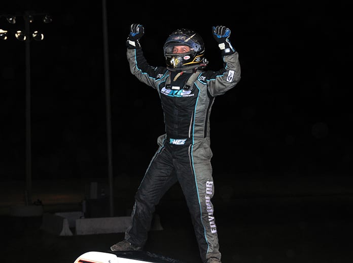 Thomas Meseraull celebrates in victory lane Friday at Gas City I-69 Speedway. (Randy Crist Photo)