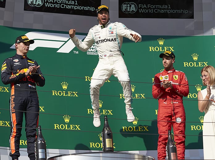 Lewis Hamilton celebrates his victory in the Hungarian Grand Prix. (Steve Etherington Photo)