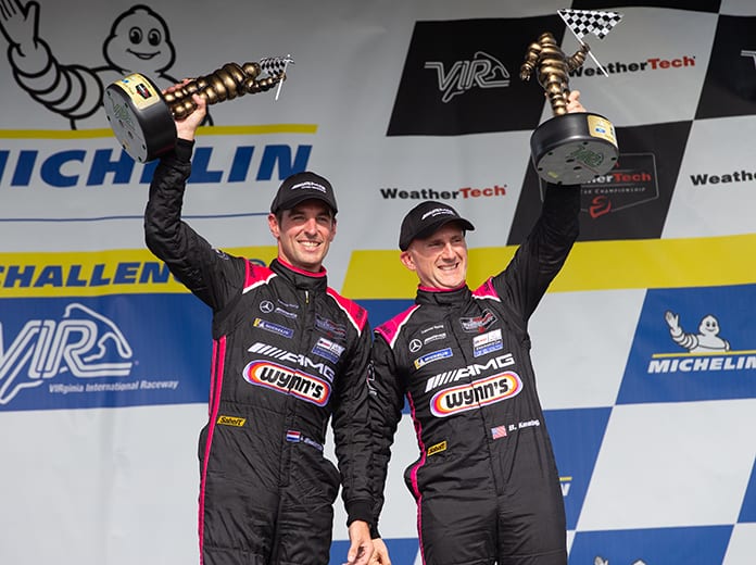 Jeroen Bleekemolen and Ben Keating celebrate after their victory Sunday at Virginia Int'l Raceway. (Sarah Weeks Photo)