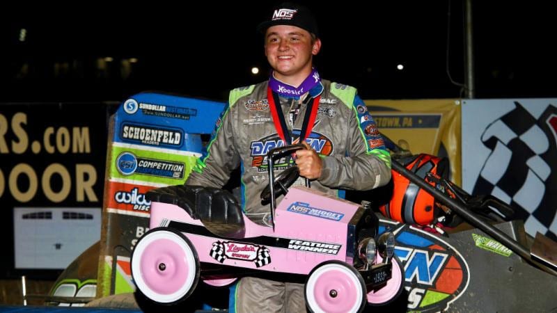 Zeb Wise in victory lane at Linda's Speedway. (Michael Fry photo)