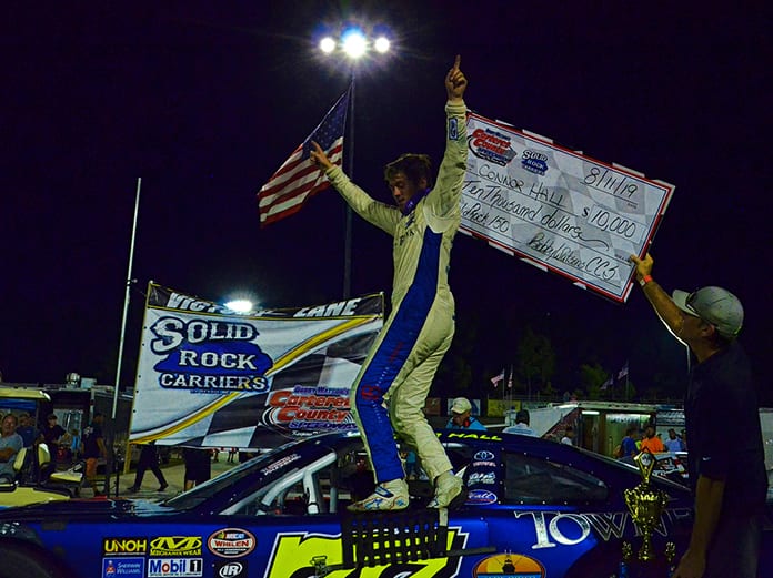 Connor Hall earned a $10,000 payday for winning the Solid Rock Carriers 150 Sunday at Carteret County Speedway. (Eric Creel Photo)
