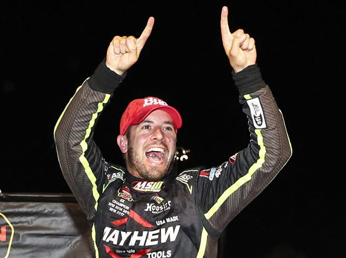 Doug Coby celebrates after winning Wednesday's NASCAR Whelen Modified Tour race at Thompson Speedway Motorsports Park. (NASCAR Photo)