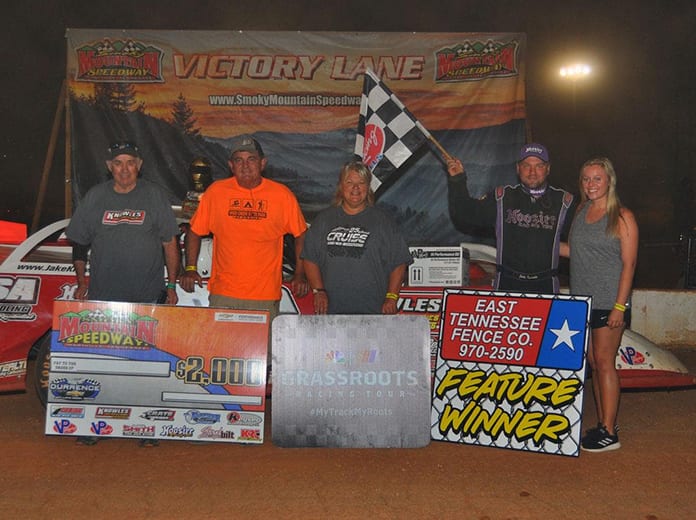 Jake Knowles poses in victory lane Friday after winning the Durrence Layne Chevrolet Dirt Late Model Series feature at Smoky Mountain Speedway. (Michael Moats Photo)