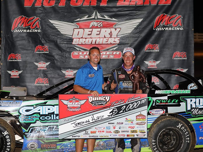 Jeremiah Hurst led every time around the track in winning the Deery Brothers Summer Series main event at Quincy Raceway Sunday night. The IMCA Late Model tour victory paid $2,000 and was Hurst’s career fourth. (Photo courtesy of Quincy Raceway)