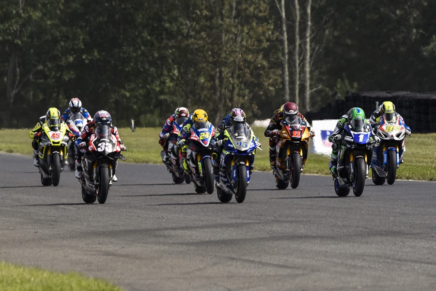 MotoAmerica Superbike riders leave the starting line at the beginning of Sunday's race at New Jersey Motorsports Park. (Dennis Bicksler Photo)