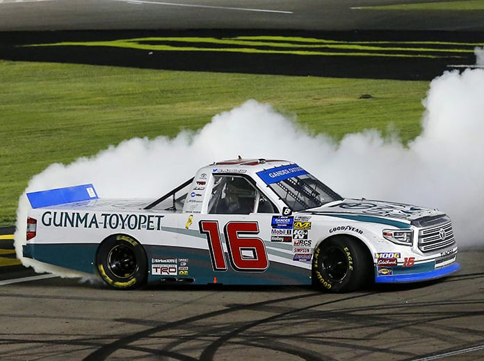 Austin Hill celebrates with a burnout after winning Friday's NASCAR Gander Outdoors Truck Series race at Las Vegas Motor Speedway. (Toyota Photo)