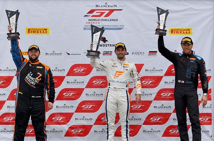 Jarett Andretti (center) earned his first overall Pirelli GT4 America Sprint triumph on Sunday at Watkins Glen Int'l.